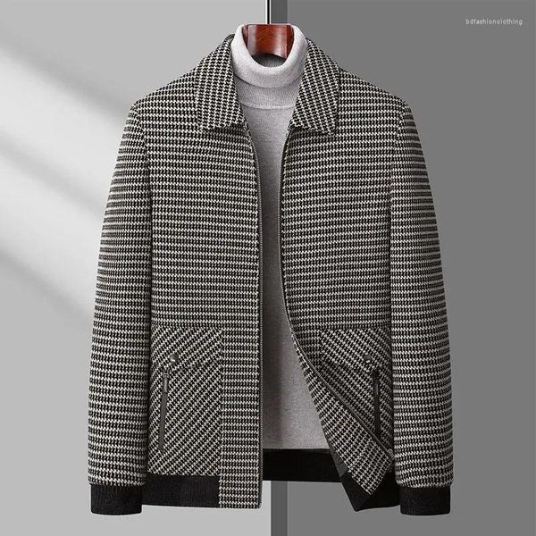 Jaquetas masculinas de alta qualidade mil pássaros xadrez algodão lapela lã zíper jaqueta outono e inverno tendência simples casual