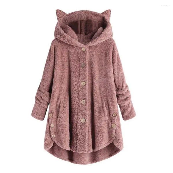 Hoodies femininos bainha irregular com capuz mulheres inverno orelhas botões jaqueta casaco de lã