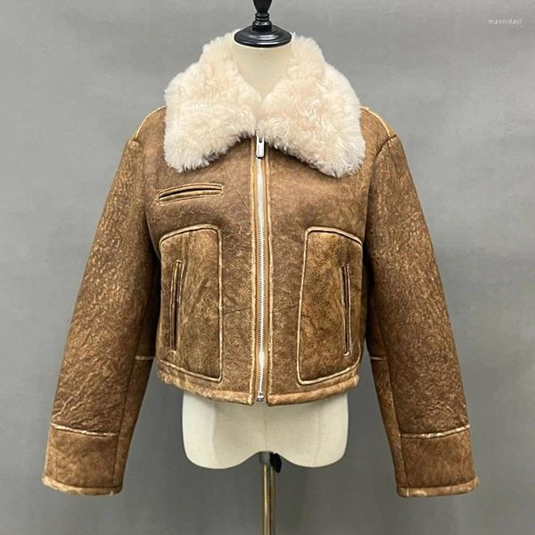 Kadınlar deri bayan 2023 Moda Shearling Ceketler Kadın Gerçek Yün Kuzu Kürk Kürk Koyun Dinini Kış Moto Biker Ceket