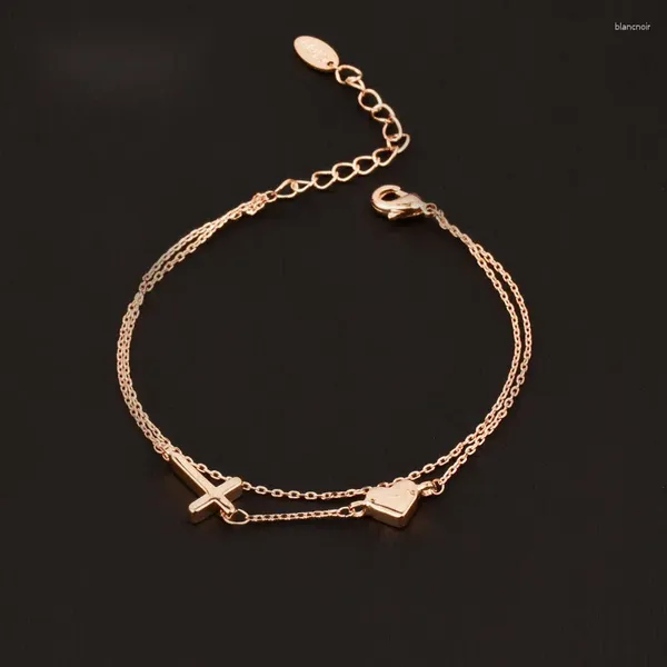 Link Armbänder SINLEERY Koreanische Mode Charme Stern Mond Kreuz Herz 2 Schichten Für Frauen Rose Gold Farbe Auf Hand ZD1 SSP