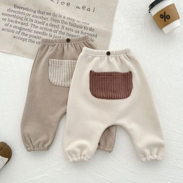 Pantaloni Autunno Inverno Ragazza Bambini Plus Velluto spesso lavorato a maglia Pantaloni Harem Tasche Ragazzo Bambino Pile Caldo Casual Cotone per bambini