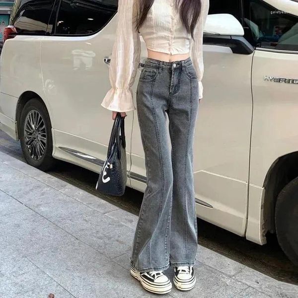 Jeans femininos vintage cintura alta flare rua mulheres boot corte denim calça magro solto coreano casual botão up zíperes cinza calças