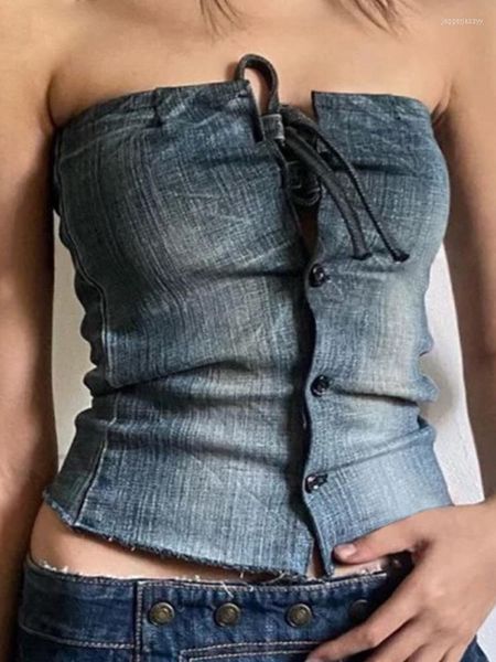 Serbatoi da donna Blu Y2K Denim Bandage Corsetto Top Button Tube Top Donna Lavato Vintage Estetico Senza maniche Senza spalline Slim Crop Tees