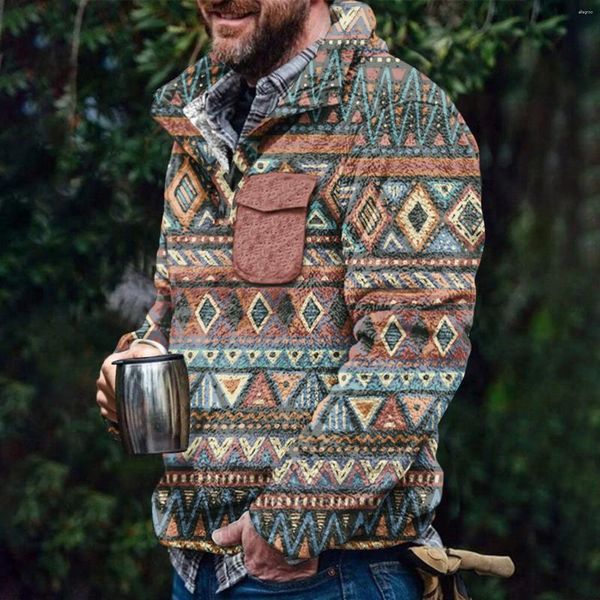 Herren-Kapuzenpullover, lässig, flauschig, für Herren, Jacken und Mäntel, Ethno-Stil, bedruckt, doppelseitig, Fleece, Winter-Sweatshirts, verdickter Plüsch-Pullover