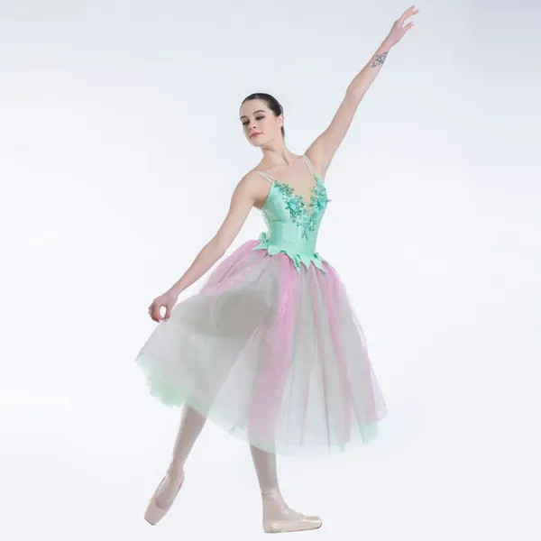 Stage Wear 19215 Corpetto verde in spandex Rosa rossa e tulle Romantico balletto di danza Abito lungo Performance Dancewear