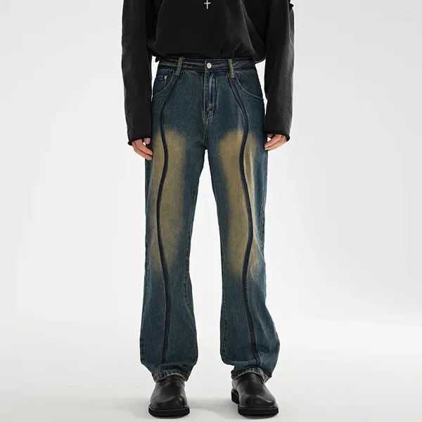 Мужские джинсы хипстеры свободного покроя прямые брюки винтажные состаренные брюки с яркими линиями мужские