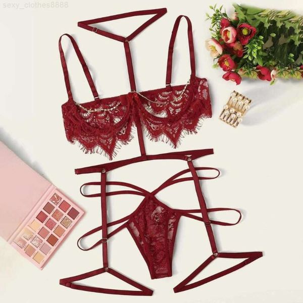 BHs Sets 3pc Sexy Dessous für Frauen Offene Unterwäsche Set Damen Spitzen-BH und G-Strings Strumpfband Sexsuit Erotische Kostüm 2023