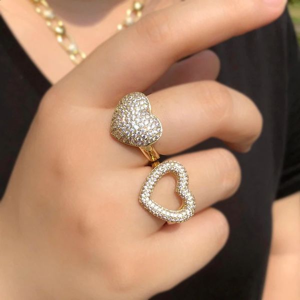 Anéis de banda moda coração em forma de dedo para mulheres aaa zircão cúbico empilhável chique anel ajustável nupcial casamento noivado jóias cz 231102