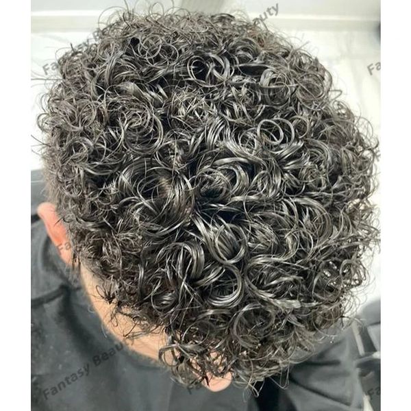 Black Natural Logo Curl 18mm Men encaracolado Toupee