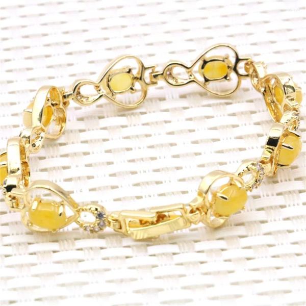 Strand forma oval amarelo jades pulseira coração liga cristal calcedônia pedra natural feminino meninas jóias mão ornamento