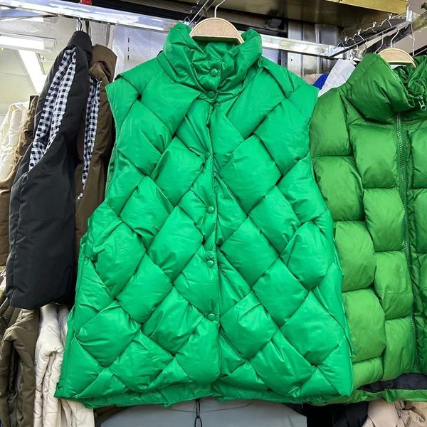 Gilet da donna 2023 Tessuto di moda Plaid Donna Gilet corto in cotone Autunno Inverno Colletto alla coreana Senza maniche Gilet femminile Verde Blu Bianco