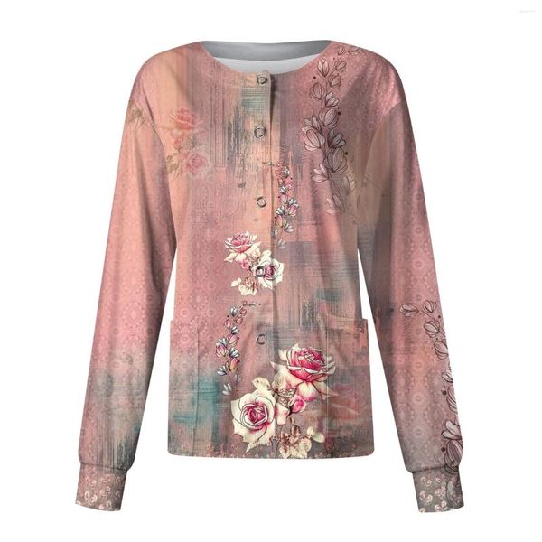 Felpe con cappuccio da donna Cardigan con stampa floreale da donna Modello vintage Tuta protettiva monopetto da lavoro Giacca da donna con top tascabile da donna