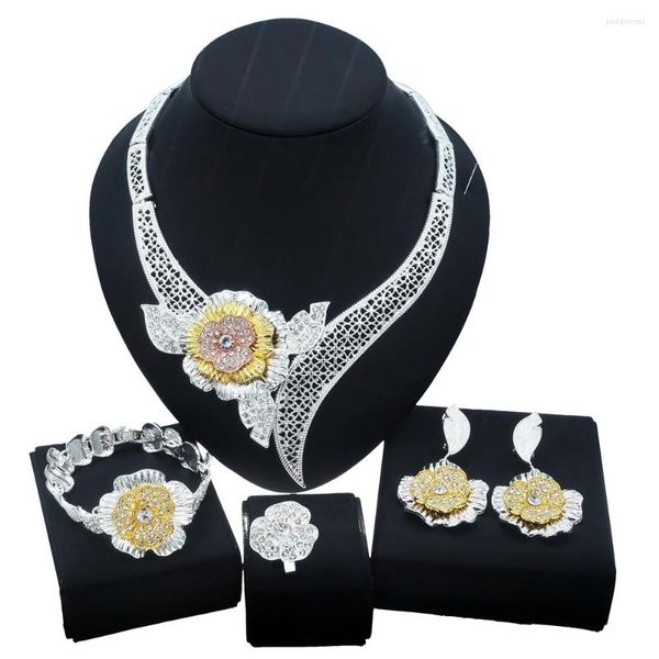 Halskette Ohrringe Set Yulaili Exquisites Blumenmuster Brautgeschenk Juwelen und Würfel Mädchen Party Armband Ring Schmuck