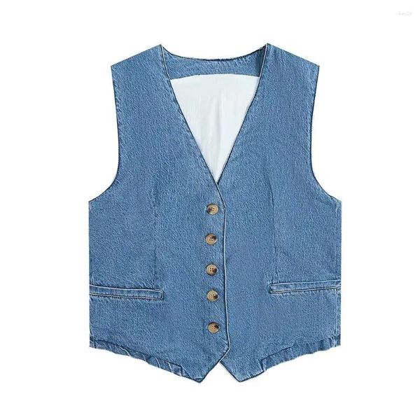 Gilet da donna Moda donna Gilet corto in denim Cappotto vintage senza maniche monopetto Tasca all-match Gilet femminile casual Top chic