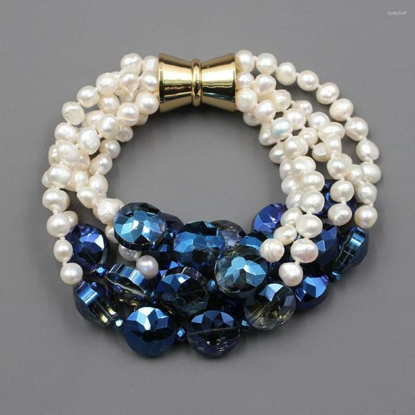 Strand GuaiGuai Jewelry 5 file Bracciale con moneta in cristallo di vetro blu perla di patate bianche naturali fatto a mano per signora