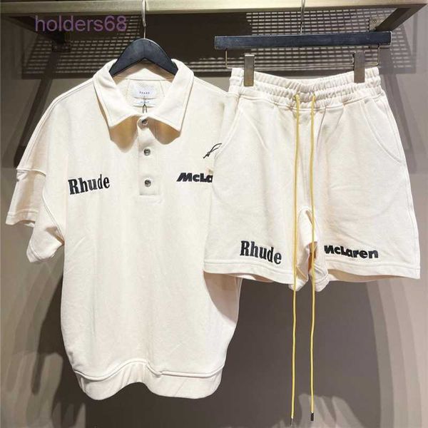 Shorts masculinos 22sss Sumer Rhude x McLaren letra bordada camiseta de pulôver de lapela 1 1 e manga curta feminina S-XL Men Suit