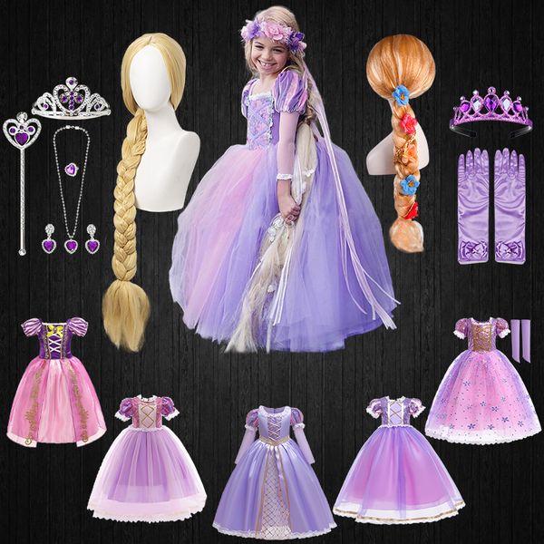 Vestidos de menina de alta qualidade menina rapunzel peruca princesa vestido halloween criança adormecida beleza cosplay sofia tule tutu tutu ball vestido de bola para crianças roupas 230403