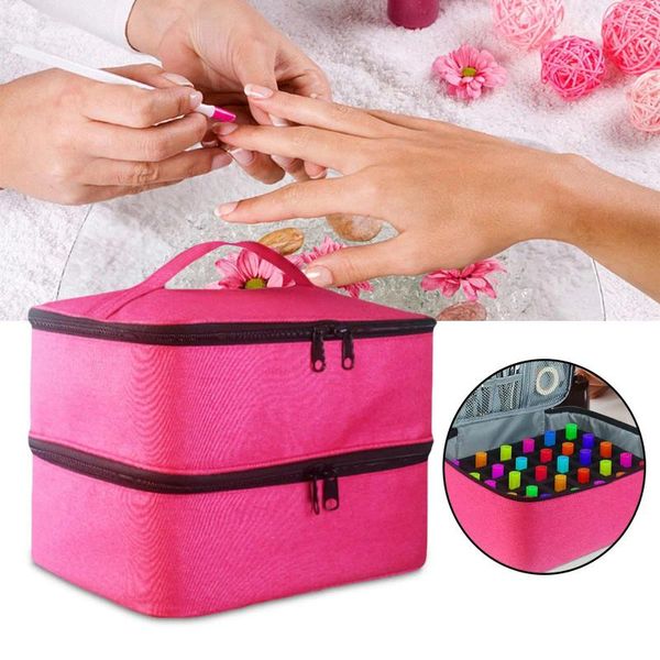 Sacos de armazenamento Nylon Dupla Camada Nail Polish Bag Organizador Grande 30 Grades para Conjuntos de Manicure Compartimento com Alça