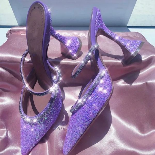 Европейские и американские популярные летние новые туфли на остром каблуке с блестками и блестками, ослепительные розовые туфли на высоком каблуке