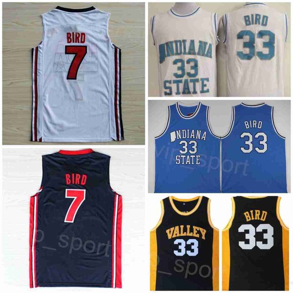 High School Basketball Larry Bird College Maglie 33 7 Springs Valley Indiana State Sycamores University American 1992 Dream Team One Nero Blu Navy Bianco NCAA Men