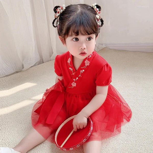 Vestidos de menina roupas nascidas bebê meninas verão macacão vestido rendas-up bloomer macacão infantil bordado babados doce trajes bonitos