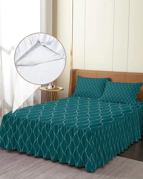 Gonna letto Colore turchese Motivo a onde Trama Copriletto elasticizzato con angoli con federe Coprimaterasso Set lenzuolo