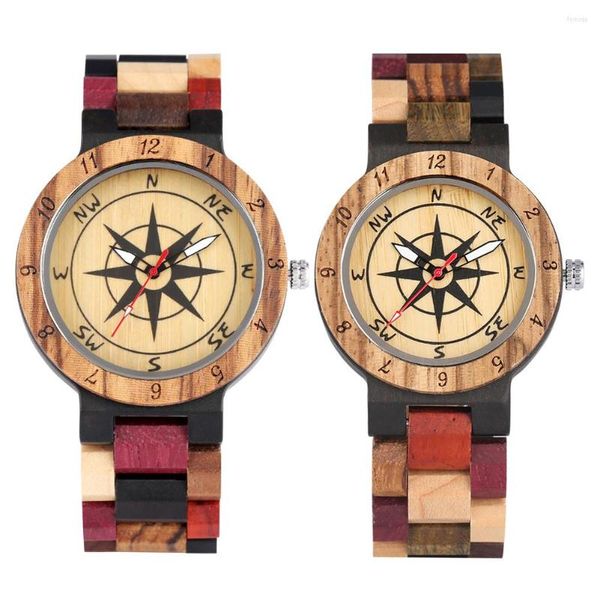 Armbanduhren Paar Stile Holz Quarzuhren Kompass Zifferblatt Buntes Holzarmband Armband Vintage Herrenuhr Lässige Damenuhr