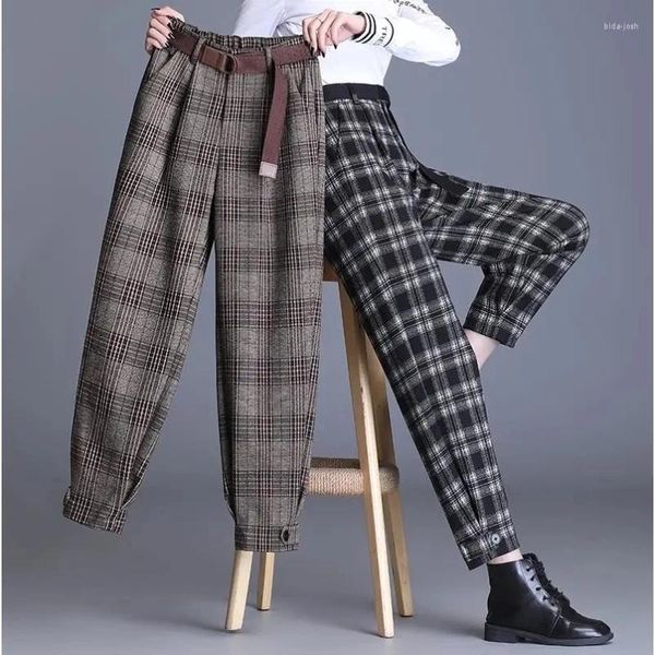 Kadın Pantolon Yünlü Ekose Harem Kadınlar Sonbahar Kış Kalın Gevşek Yün Pantolonları Kore Yüksek Bel Tokisinde Pantalonlar Kadın Ayak Bileği Uzunluk Pantolon