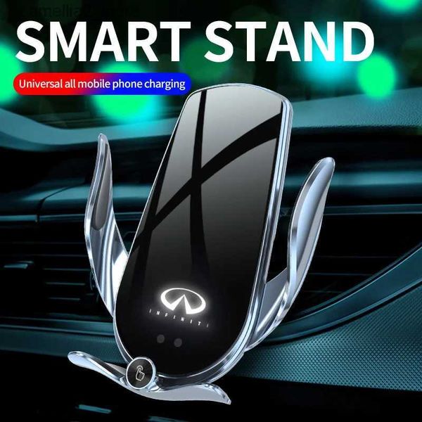 Suporte para carro Smart Car Mobile Phone GPS Holder 15W Carregador sem fio Clipe de saída de ar Suporte de telefone Emblema brilhante para Infiniti QX70 Q70 QX56 Q231104