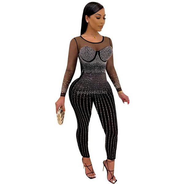 Designer Sexy Club Jumpsuits Damen Plus Größe 3XL Langarm Strass Diamanten Strampler Mode Mesh Sheer Jumpsuits Party Night Clubwear Großhandel Kleidung