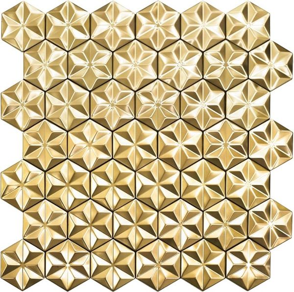 Goldene Fliesen, abziehen und aufkleben, Sechseck-Kunstmosaik, echte 3D-Goldfliesen, selbstklebende Mosaikfliesen aus Premium-Edelstahl (Box mit 11 Blatt)