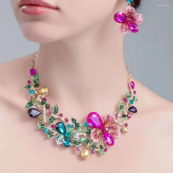 Collana orecchini set fiore foglia forma gioielli strass colorati per le donne ballo di lusso