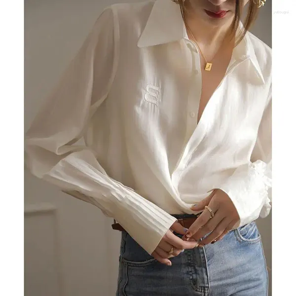 Blusas femininas wdmsna estilo francês branco mulheres outono manga longa chiffon camisa para lapela carta bordada blusas soltas