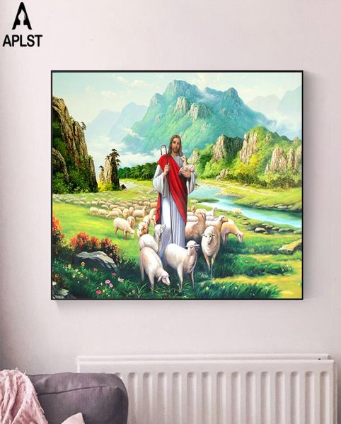 Добрый пастырь Иисус Христос Святой Агнец Печать на холсте Викторианской эпохи Красочное религиозное искусство Картина Иисус Пастырь Плакат Decal7610423