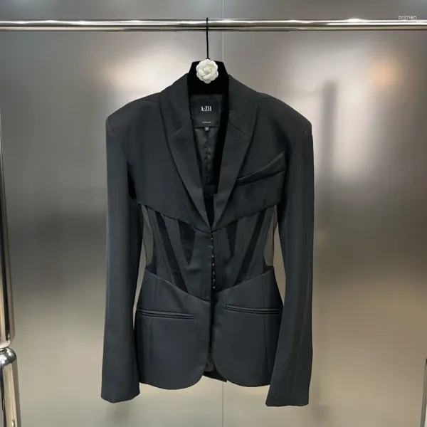 Ternos femininos 2023 coleção outono manga longa acolchoado ombro malha cintura magro preto blazer jaqueta feminina gl154