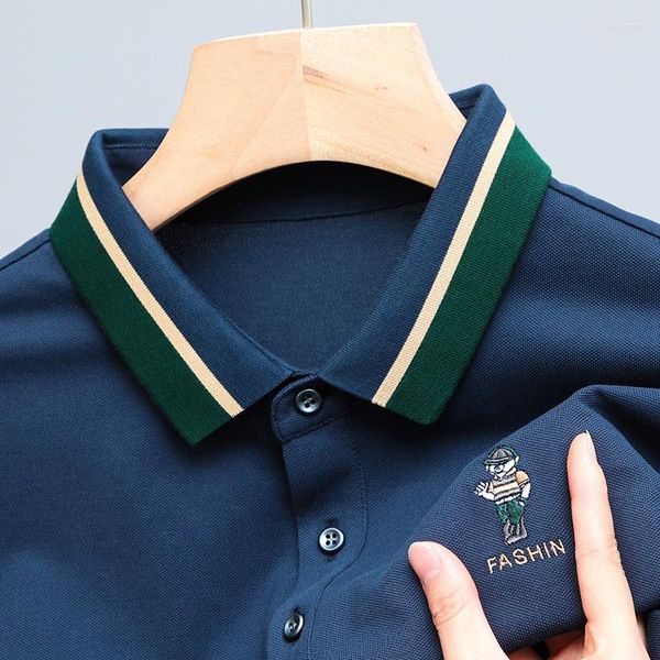 Erkek Polos High-End Moda Ayı İşlemeli Polo Gömlek Erkekler Kısa Kollu Kontrast Kap Tişört 2023 Yaz Gençlik Günlük Erkekler