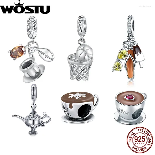 Lose Edelsteine WOSTU 925 Sterling Silber Kaffee hängende Perle Basketball Anhänger Freizeit Charms passen Original Armband Halskette Schmuck Geschenk