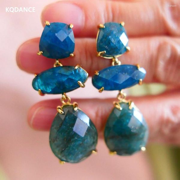 Orecchini pendenti KQDANCE Pietra preziosa naturale Blu Soda Apatite Lacrima lunga goccia con ago in argento 925 Gioielli placcati oro reale per donna