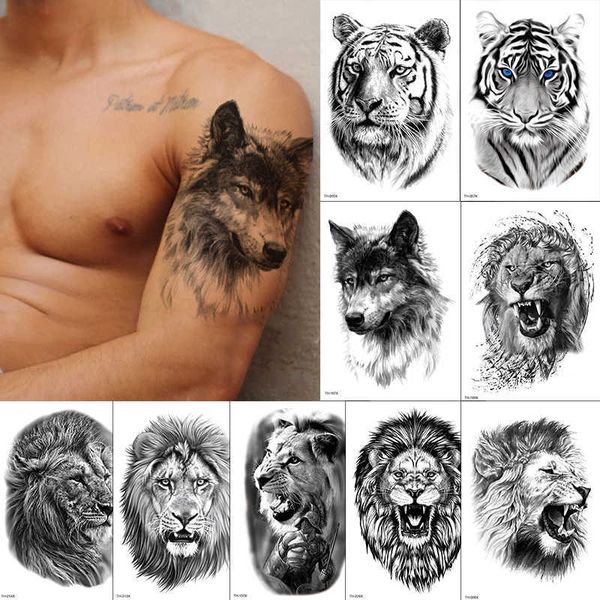 Tatuagens temporárias Tatuagens temporárias Tigre Tigre Lion Wolf Tattoo Tattoo Fake For Women Arma Pernas Manga Maquiagem Tatoo
