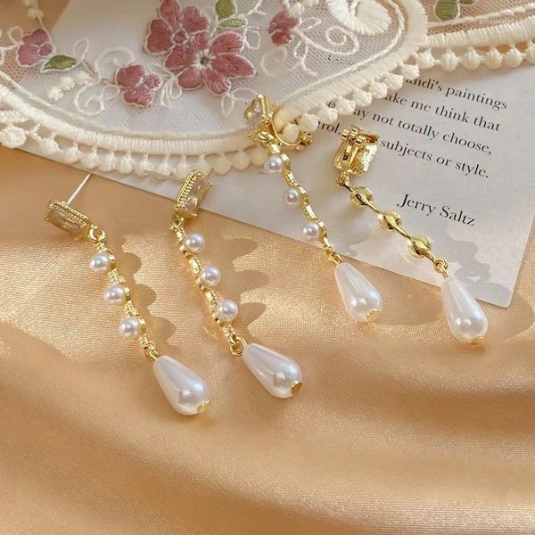 Orecchini pendenti con nappa lunga imitazione perla dorata coreana moda donna eleganti gioielli quadrati in cristallo Waterdrop