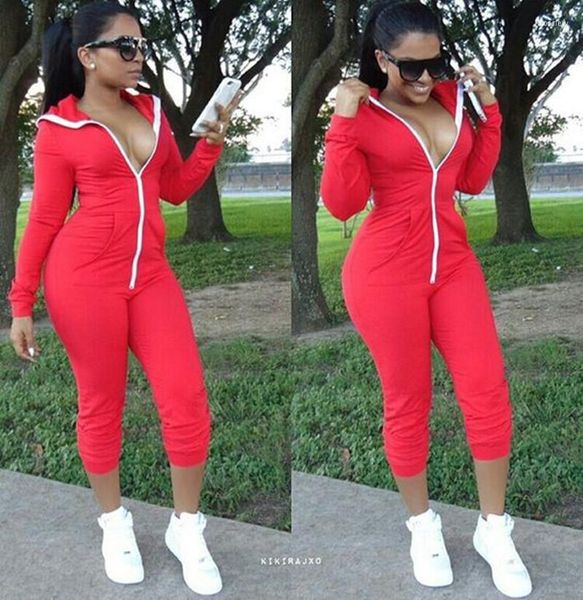 Damen Jumpsuits AHVIT Lässiger Bodysuit mit Kapuze Frontreißverschluss Langarm Dünne Hellrote Farbe Taschen Sportswear Strampler LM9041