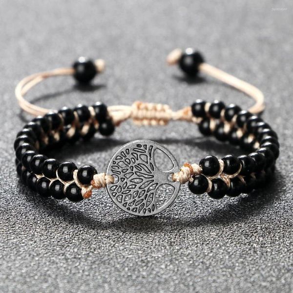 Pulseira vintage pulseira de miçangas homens pretos de pedra preta Bracelets de pulseira ajustável Árvore da vida om pingente pingente mulheres ioga presente de joias