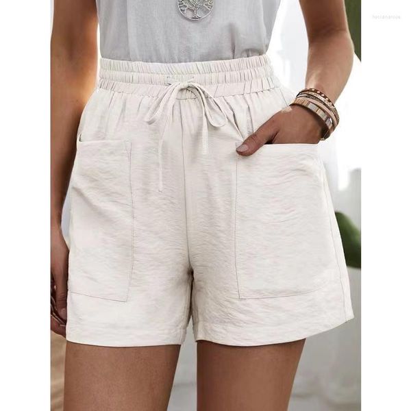 Женские шорты 2023 Лето свободные цветные брюки льняные брюки повседневные белые прямые карманные карманные карманные эластичные брюки с высокой талией 25120