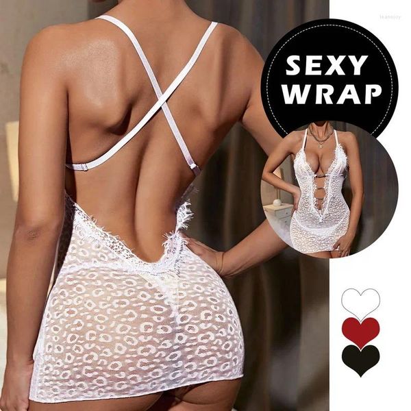 Mulheres sleepwear mulheres sexy 2 peças lingerie conjunto erótico backless babydoll vestido com tanga pijama perspectiva lace nighty