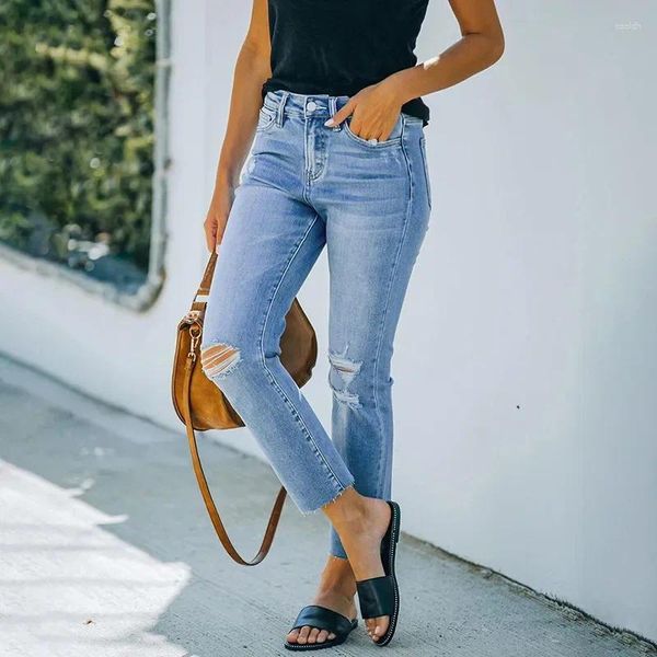 Jeans femininos cintura alta hip-raising rasgado para mulheres strecth magro tornozelo comprimento calças preto azul reto denim plus size