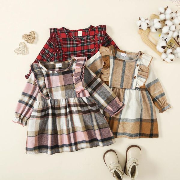 Mädchenkleider CitgeeAutumn Weihnachten Kinder Mädchen Casual A-Linie Kleid Langarm Rundhalsausschnitt Rüschen Knopf Plaid Herbst Weihnachtskleidung