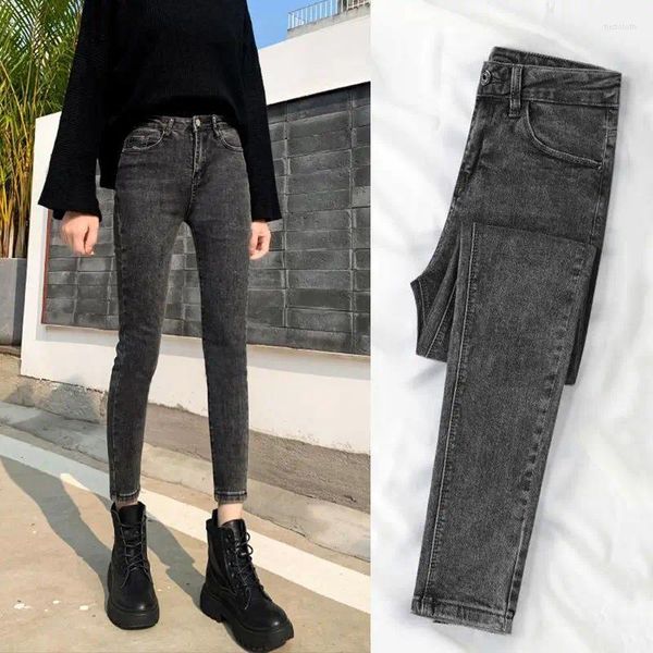 Damen Jeans Frau Hose Schwarz Grau Hohe Taille Abgeschnitten Knöchel Eng Bleistift Pantalones Vaqueros Mujer