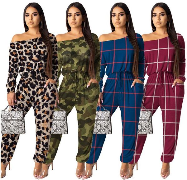 Damen Strampler Langarm Schulterfrei Plaid Leopard Camo sexy Overalls Damenbekleidung