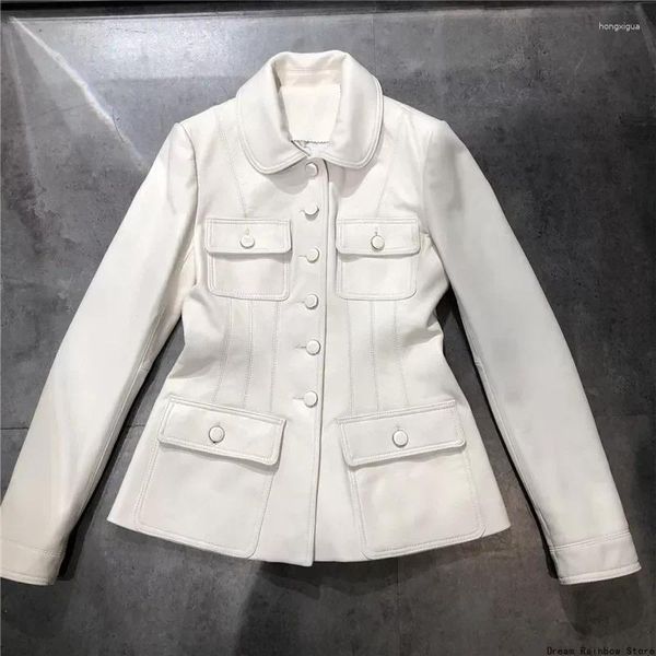 Frauen Leder 2023 Mode Marke Herbst Echt Mantel Frauen Beiläufige Dünne Streetwear Schafe Jacke Schwarz Weiß Weibliche Kleidung