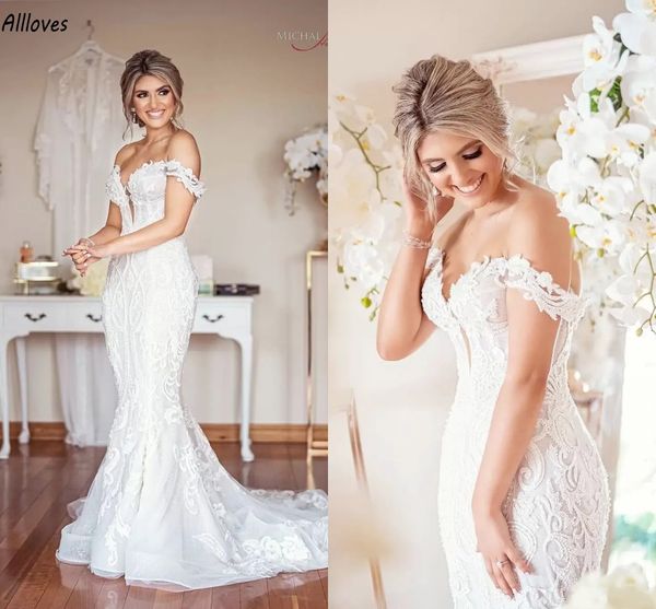 Abiti da sposa eleganti a sirena in pizzo con spalle scoperte per le donne Plus Size Arabo Aso Ebi Boho Abiti da sposa country Sweep Train Reception Abiti da sposa CL2883